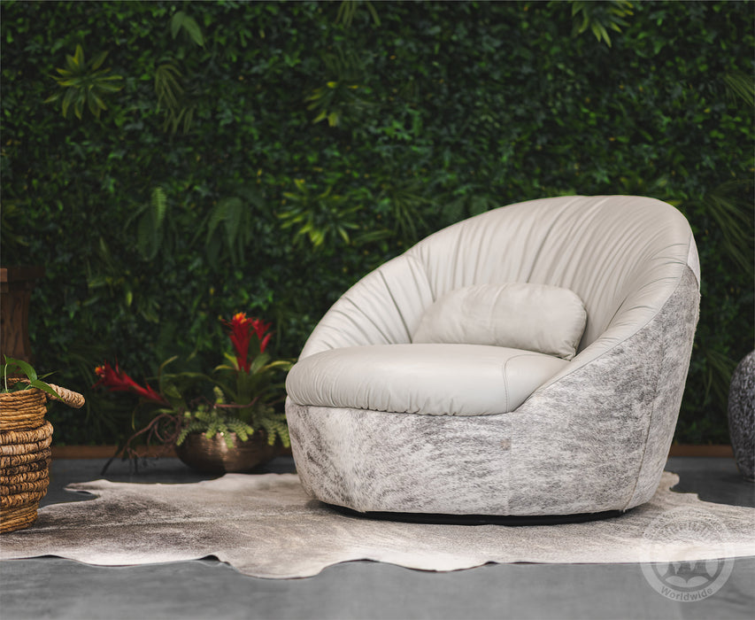 Leather Swivel Chaise Chair on Cowhide Accents - Grey