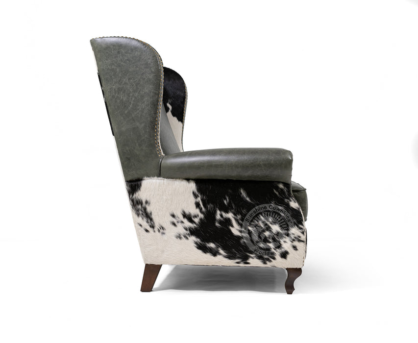 Leather Wingback Chair with Hair On Cowhide Accents - Grey
