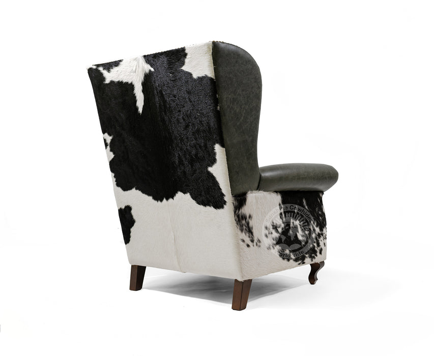 Leather Wingback Chair with Hair On Cowhide Accents - Grey