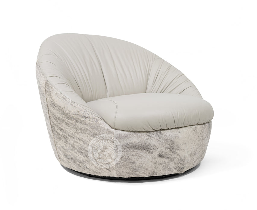 Leather Swivel Chaise Chair on Cowhide Accents - Grey
