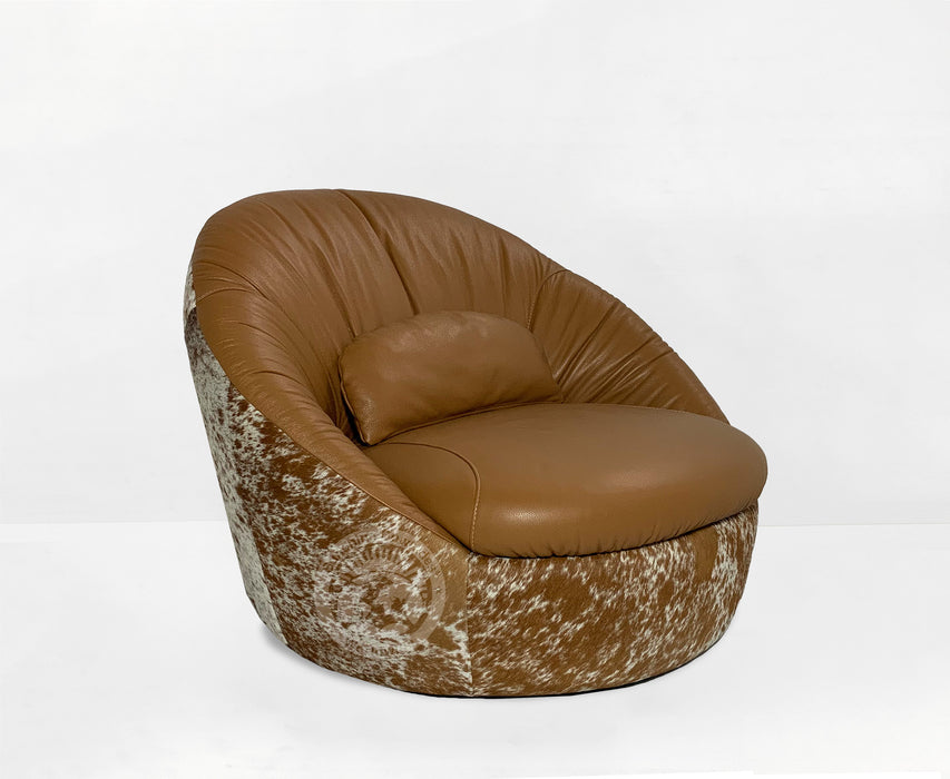 Leather Swivel Chaise Chair on Cowhide Accents - Brown