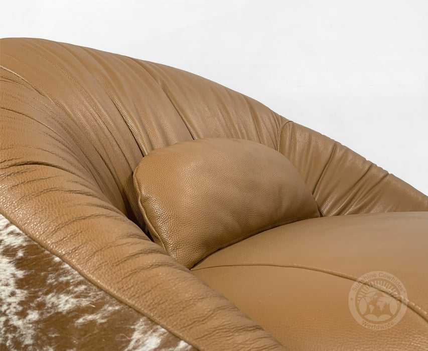 Leather Swivel Chaise Chair on Cowhide Accents - Brown