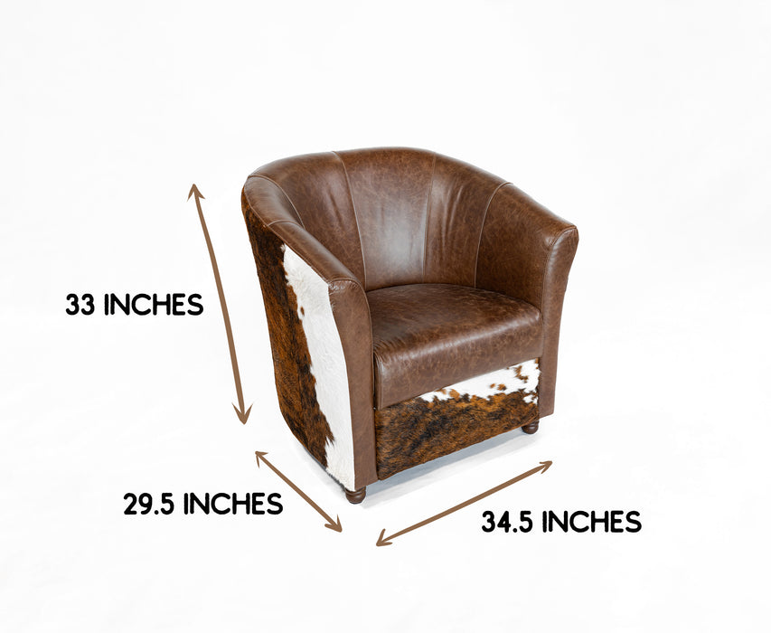 Leather Barrel Chair with Hair On Cowhide Accents - Coffee