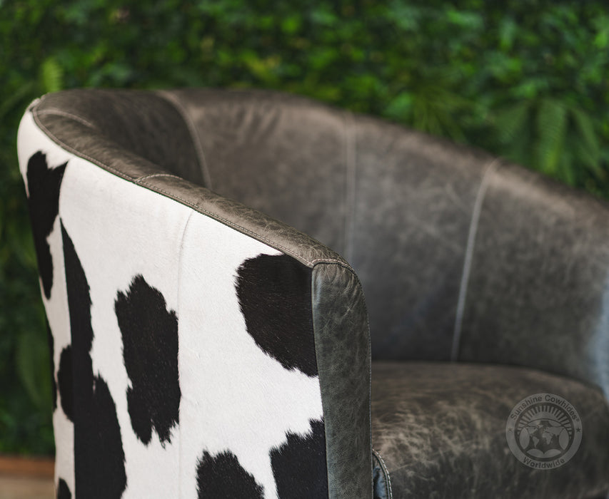 Leather Barrel Chair with Hair On Cowhide Accents - Grey