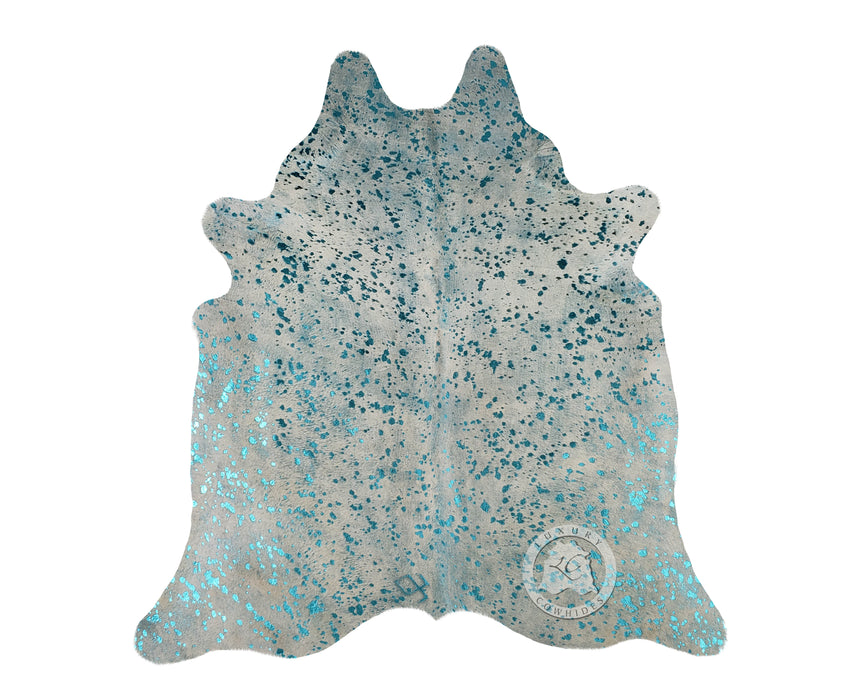 Devore Metallic Turquoise on Off White Cowhide Rug