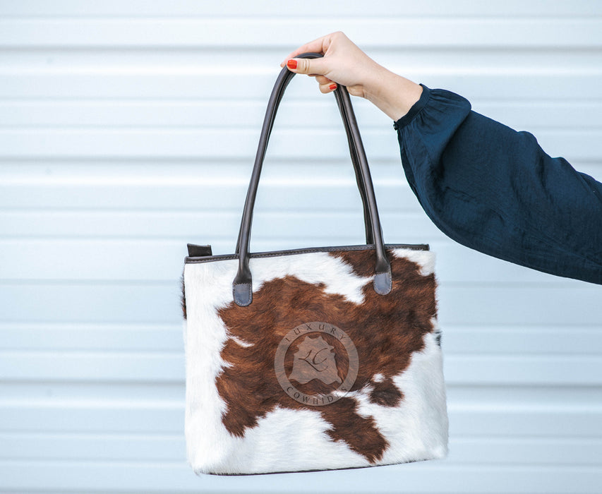 Cowhide Handbag - Brown and White