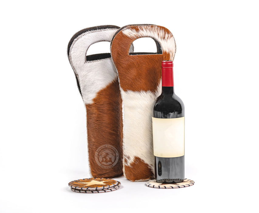 Cowhide Wine Bottle Holder - Brown & White