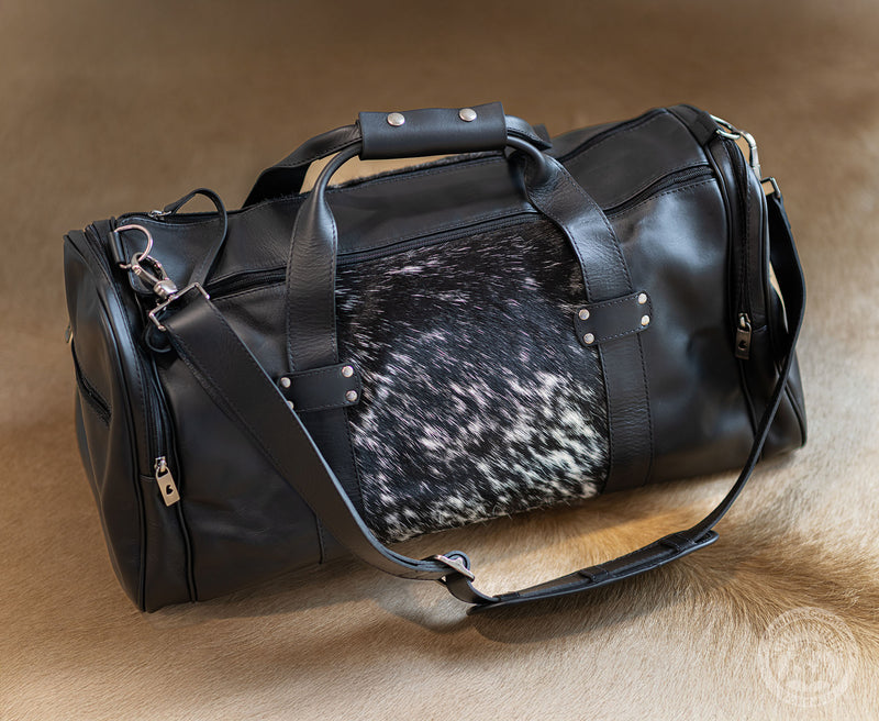 Black and White Leather Duffle Bag – Salt and Pepper Cowhide Accents