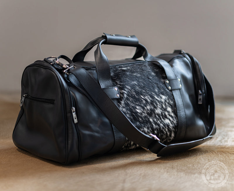 Black and White Leather Duffle Bag – Salt and Pepper Cowhide Accents