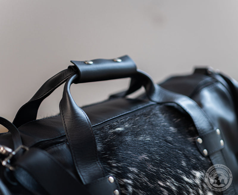 Black and White Leather Duffle Bag – Salt and Pepper Cowhide Accents
