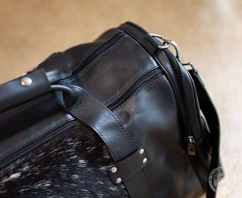 Black and White Leather Duffle Bag – Salt and Pepper Cowhide Accents