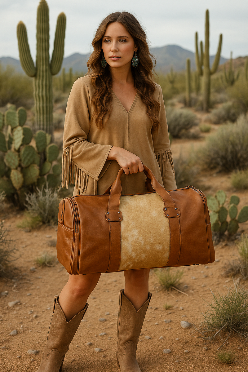 Brown Leather Duffle Bag – Beige Cowhide Accents