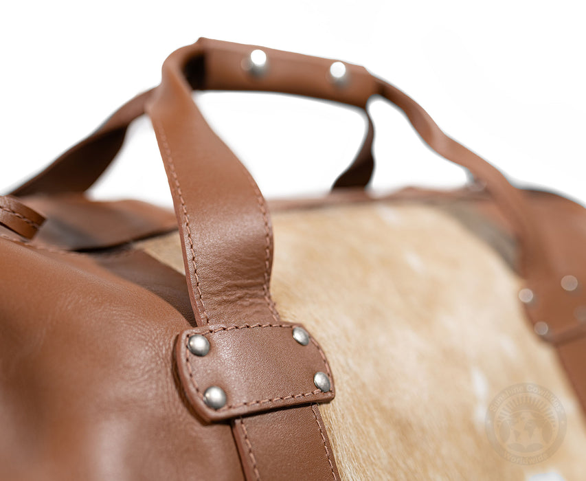 Brown Leather Duffle Bag – Beige Cowhide Accents