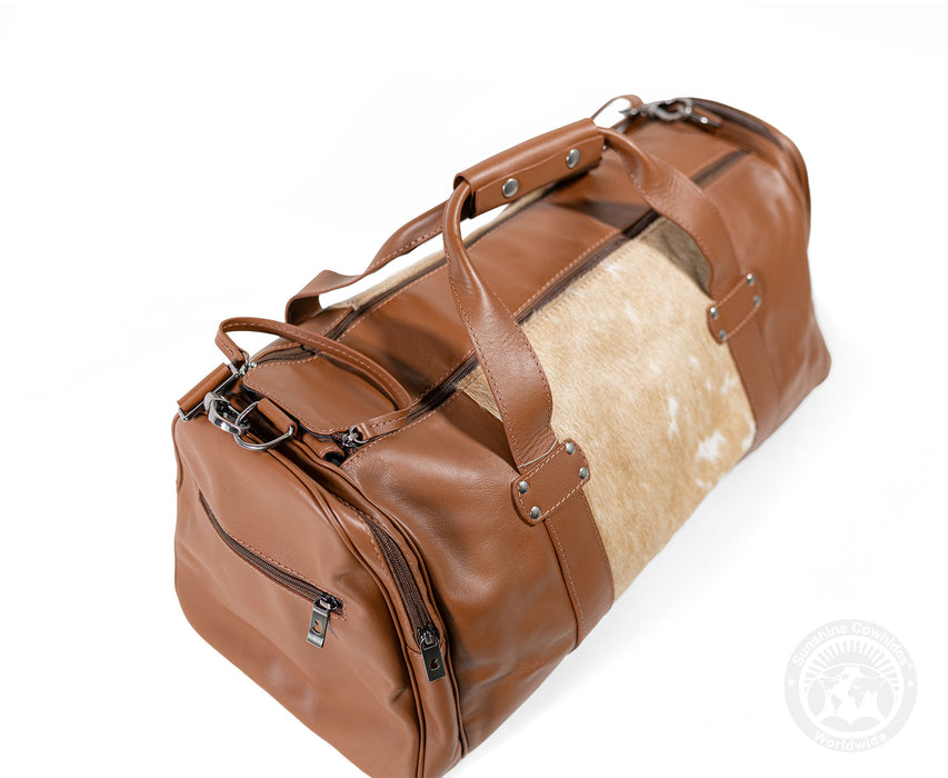 Brown Leather Duffle Bag – Beige Cowhide Accents