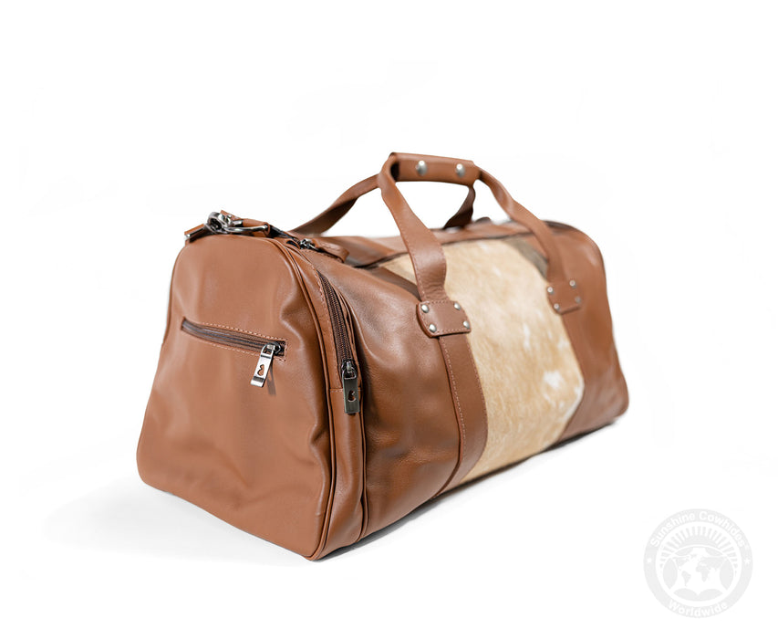 Brown Leather Duffle Bag – Beige Cowhide Accents