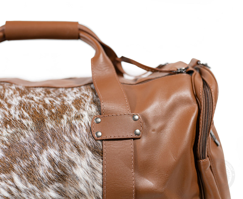 Brown Leather Duffle Bag – Salt and Pepper Cowhide Accents
