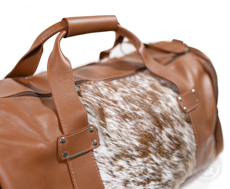 Brown Leather Duffle Bag – Salt and Pepper Cowhide Accents