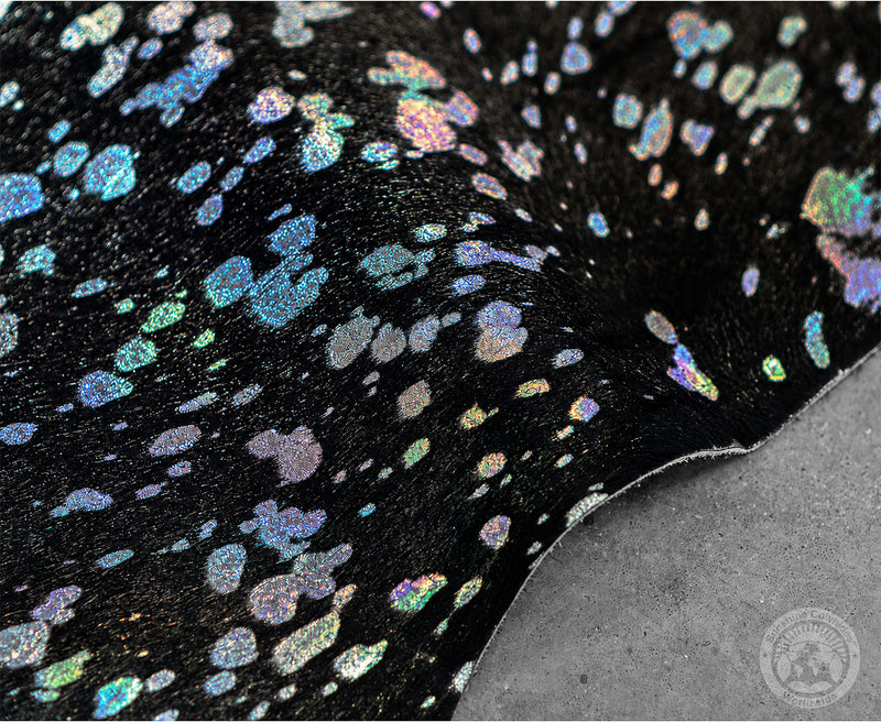 Devore Metallic Prism Colors on Black Cowhide Rug