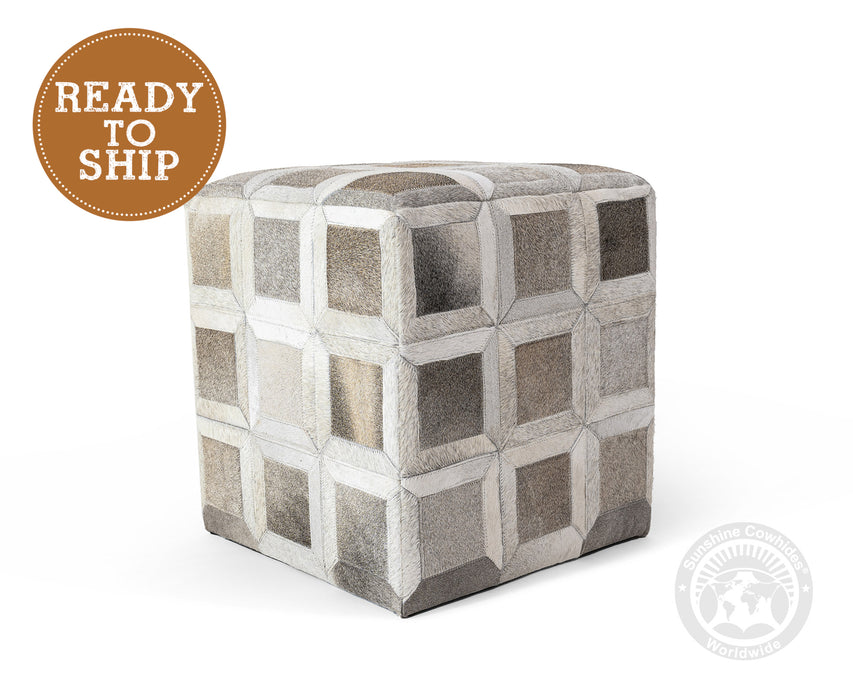Cowhide Ottoman/ Pouf - Grey Mix Squares