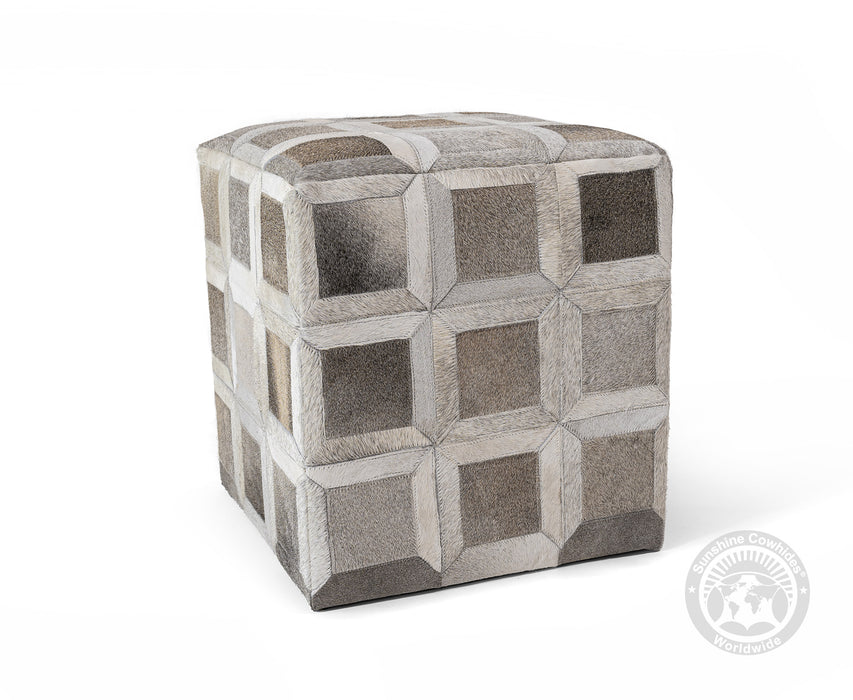 Cowhide Ottoman/ Pouf - Grey Mix Squares