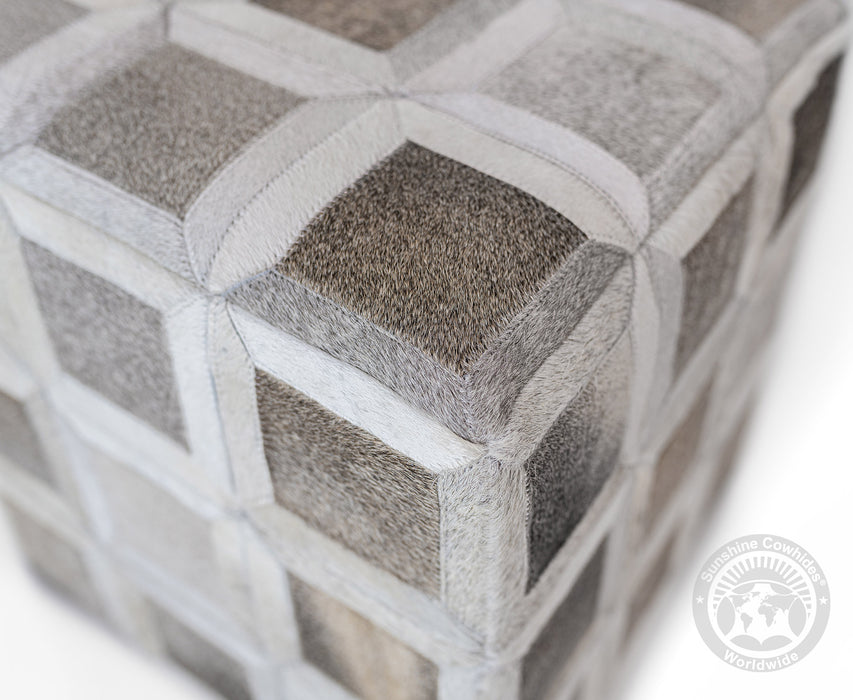 Cowhide Ottoman/ Pouf - Grey Mix Squares