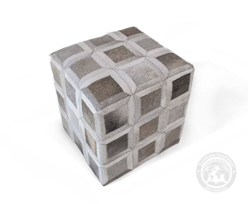 Cowhide Ottoman/ Pouf - Grey Mix Squares