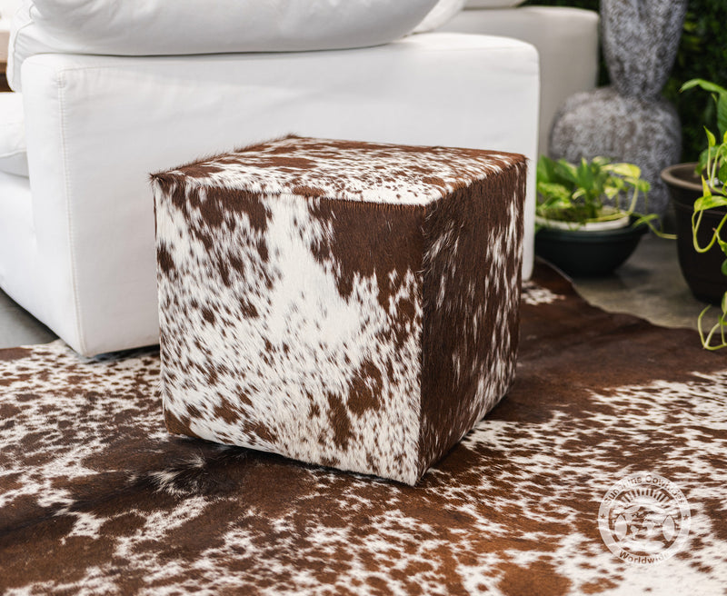 Cowhide Ottoman/ Pouf - Salt and Pepper Brown and White