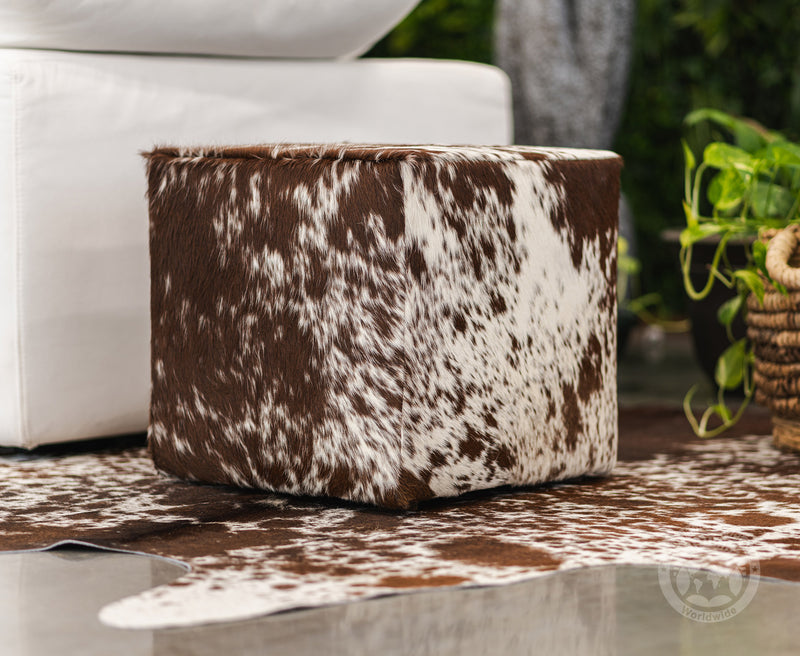 Cowhide Ottoman/ Pouf - Salt and Pepper Brown and White