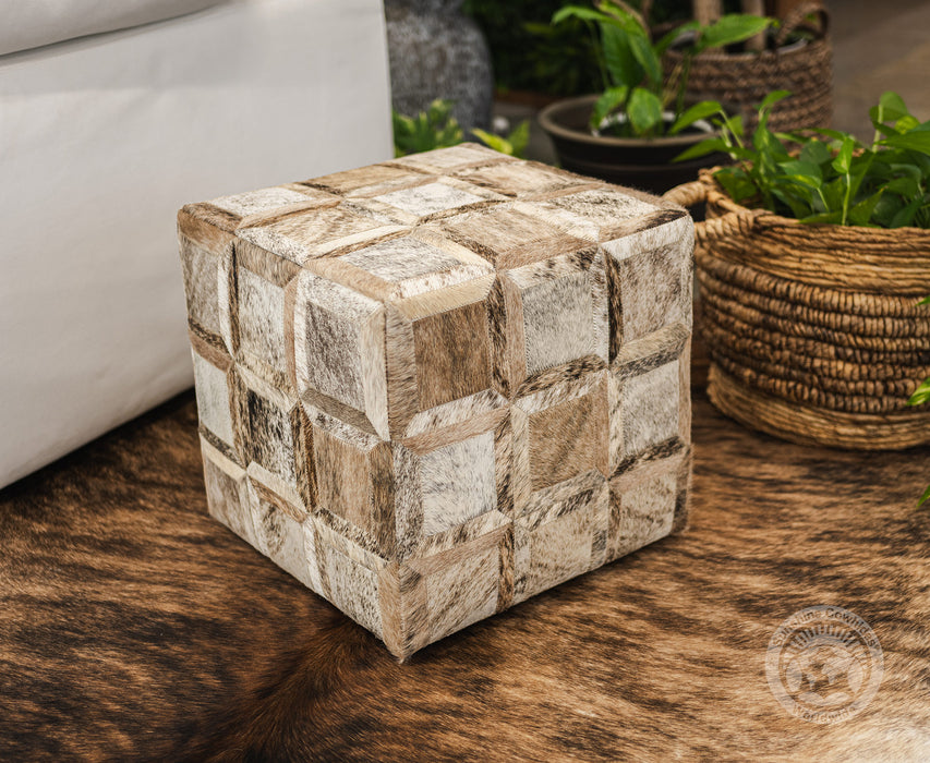 Cowhide Ottoman/ Pouf - Brindle Light