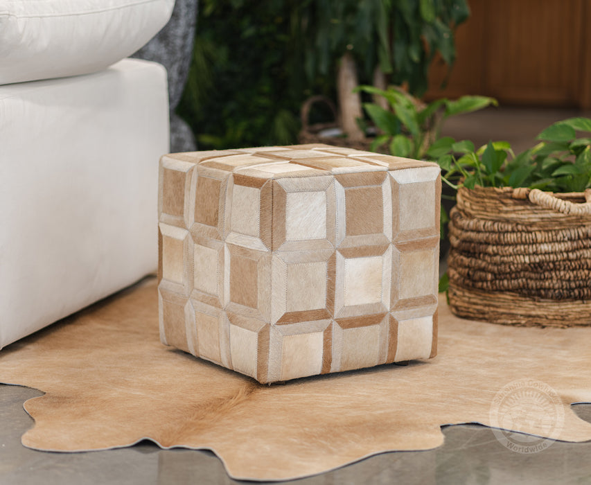 Cowhide Ottoman/ Pouf - Beige Mix