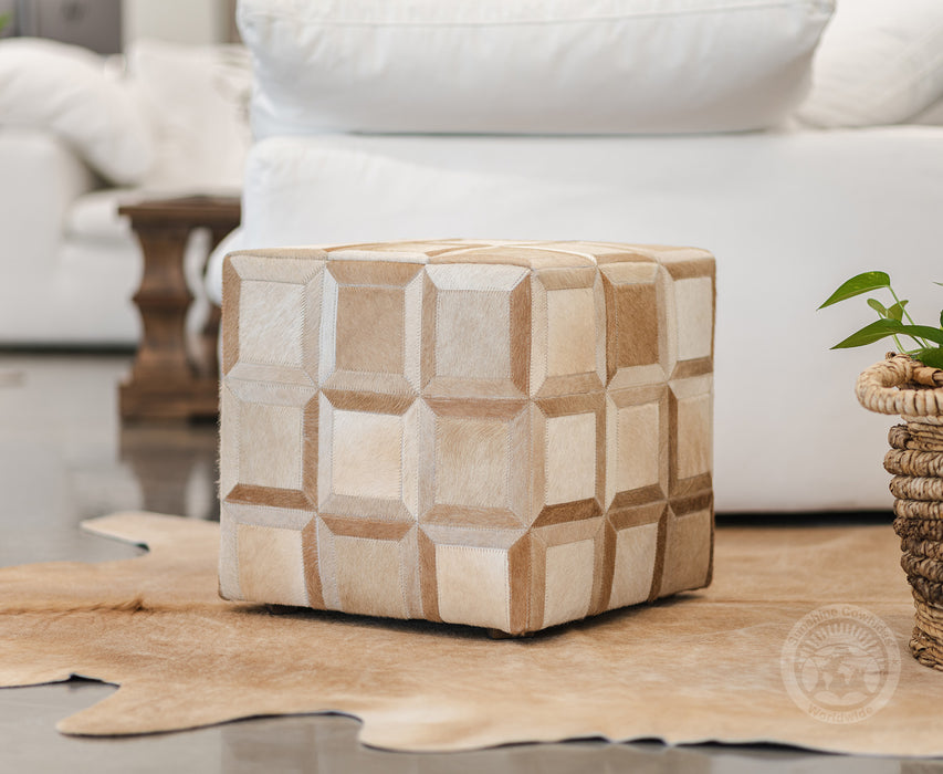 Cowhide Ottoman/ Pouf - Beige Mix