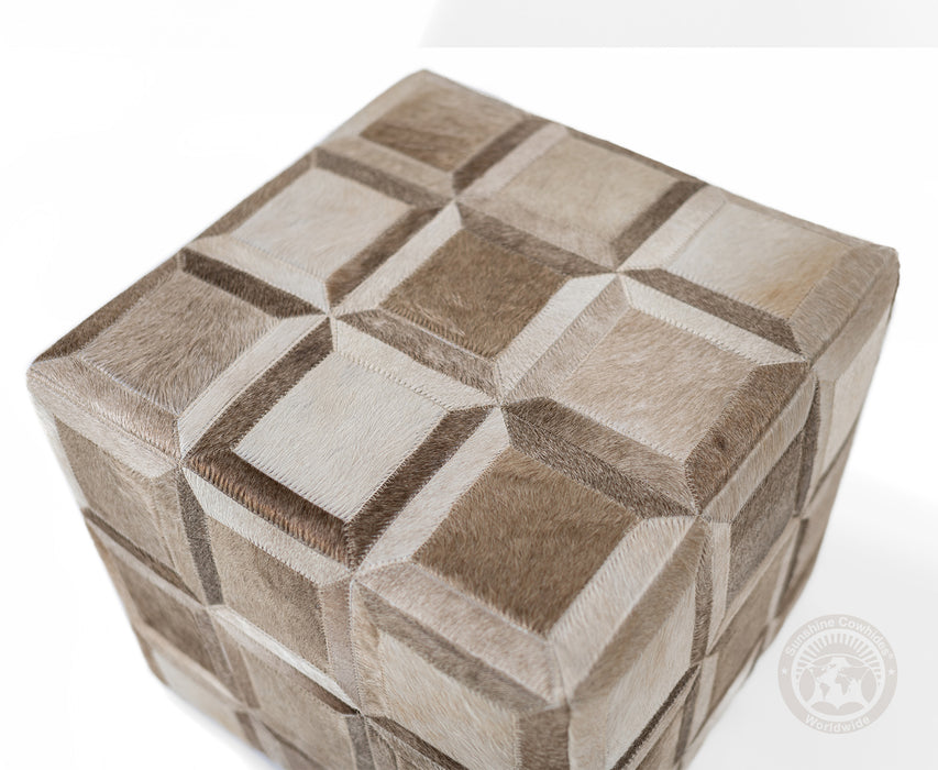 Cowhide Ottoman/ Pouf - Taupe/ Champagne Mix