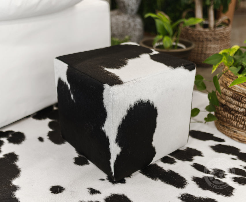 Cowhide Ottoman/ Pouf - Black and White