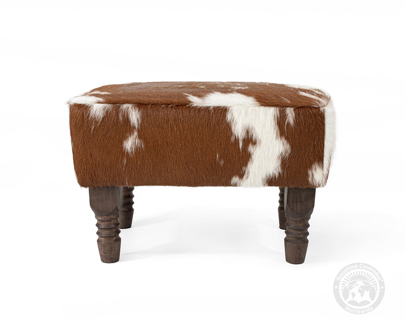 Cowhide Footstool with Wooden Legs - Brown and White