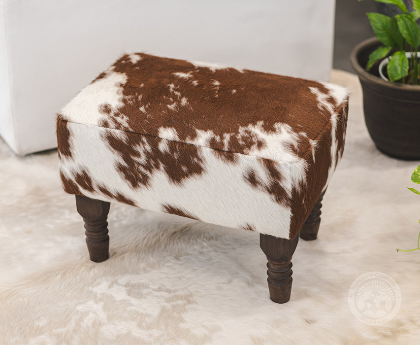 Cowhide Ottoman Footstool with Wooden Legs - Brown and White