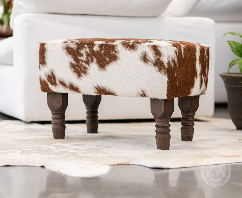 Cowhide Footstool with Wooden Legs - Brown and White