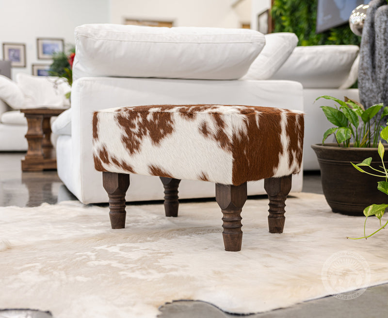 Cow Stool Cowhide Footstool with Wooden Legs - Brown and White — Luxury Cowhides