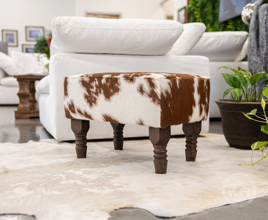 Cowhide Ottoman Footstool with Wooden Legs - Brown and White