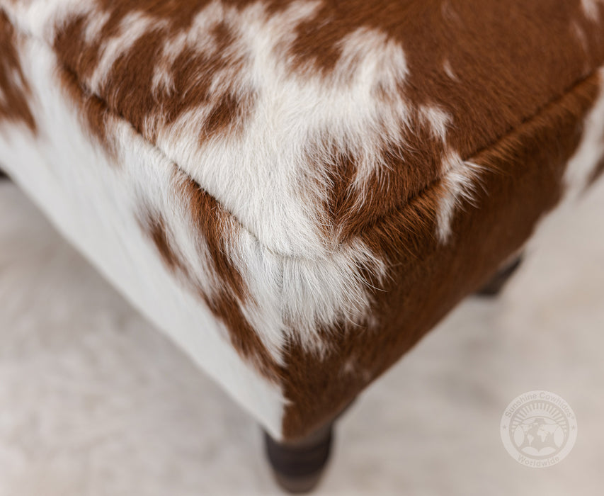 Cowhide Ottoman Footstool with Wooden Legs - Brown and White