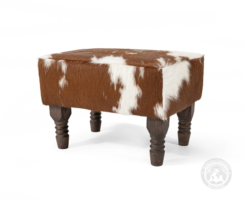 Cowhide Ottoman Footstool with Wooden Legs - Brown and White