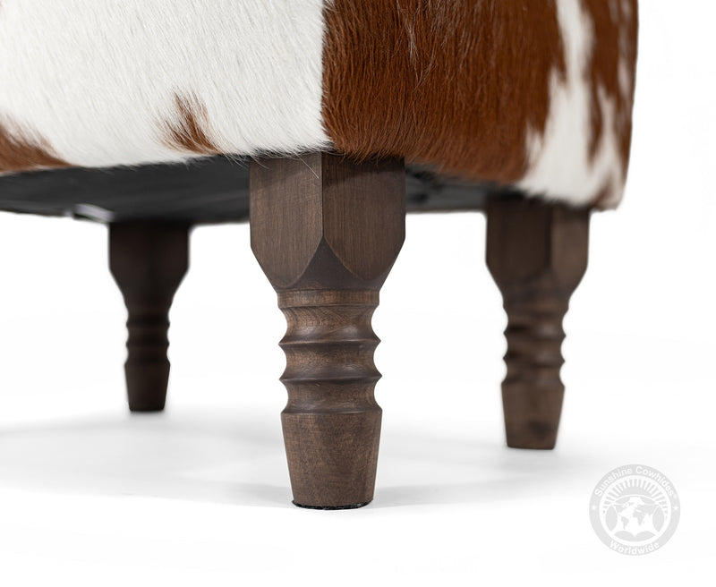 Cow Stool Cowhide Footstool with Wooden Legs - Brown and White — Luxury Cowhides