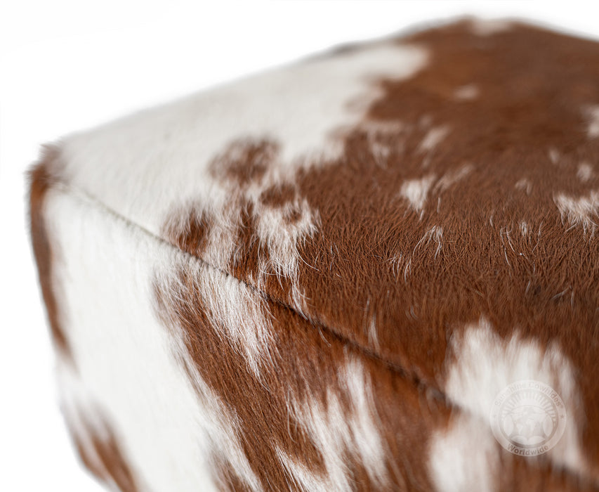 Cowhide Ottoman Footstool with Wooden Legs - Brown and White