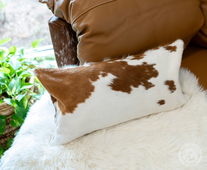 Brown and White Cowhide Pillow Cover, 12" x 22"