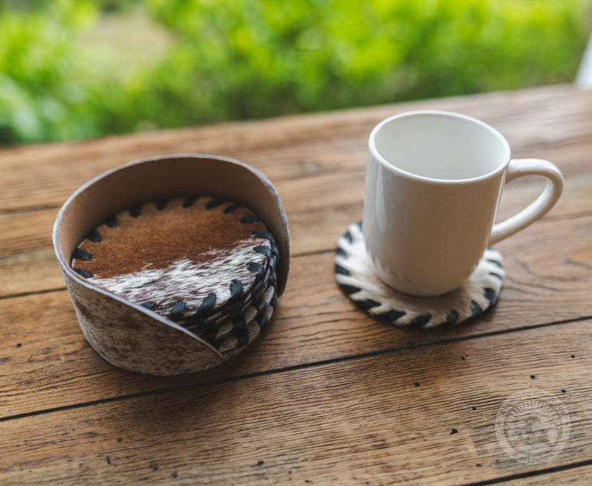 Cowhide Coaster Set with Holder – Set of 6