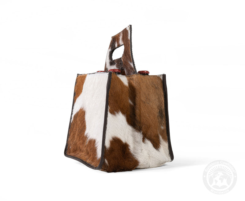 Tricolor Cowhide 6-Pack Beer Carrier | Rustic Western Leather Bottle Holder