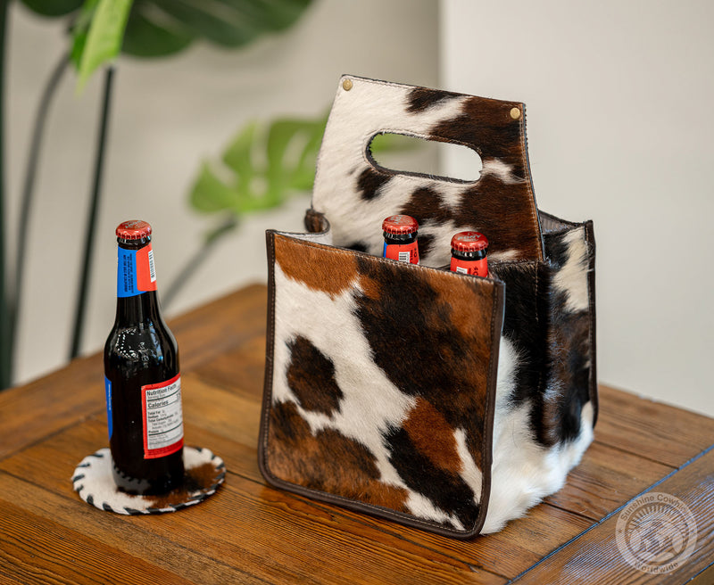 Tricolor Cowhide 6-Pack Beer Carrier | Rustic Western Leather Bottle Holder