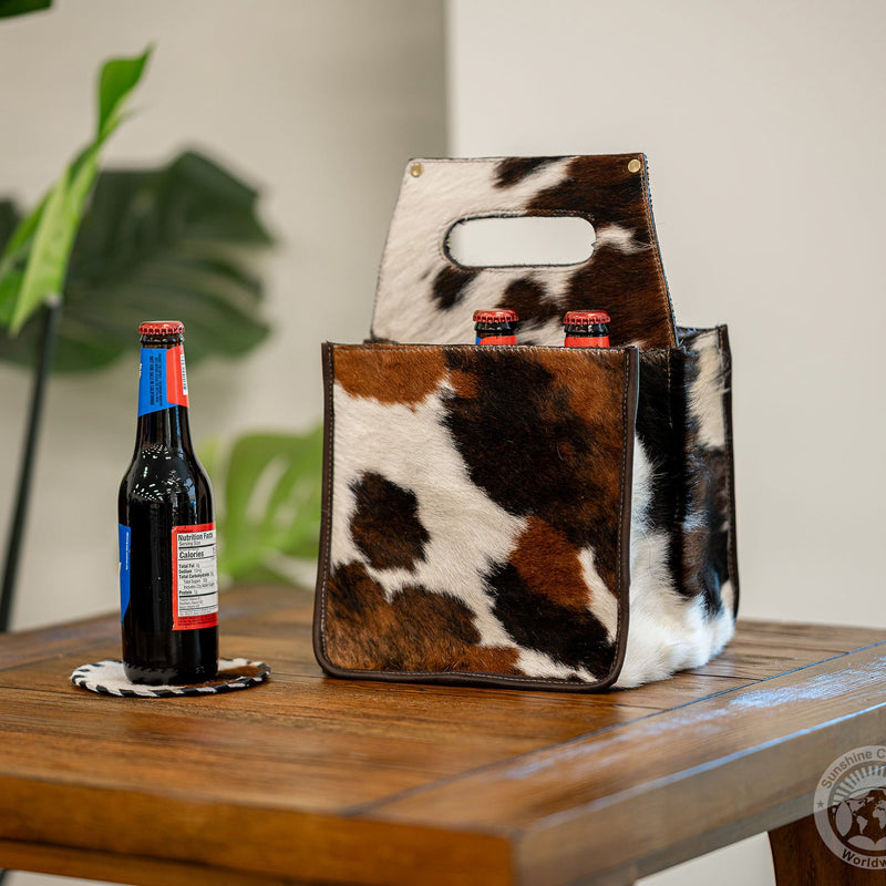 Tricolor Cowhide 6-Pack Beer Carrier | Rustic Western Leather Bottle Holder