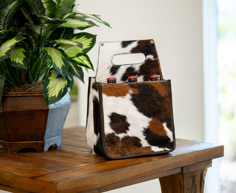 Tricolor Cowhide 6-Pack Beer Carrier | Rustic Western Leather Bottle Holder
