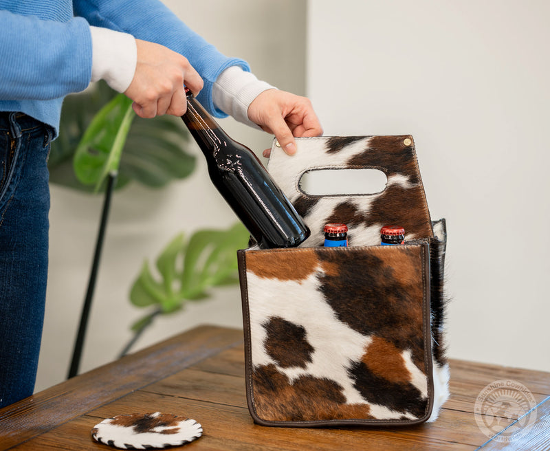 Tricolor Cowhide 6-Pack Beer Carrier | Rustic Western Leather Bottle Holder