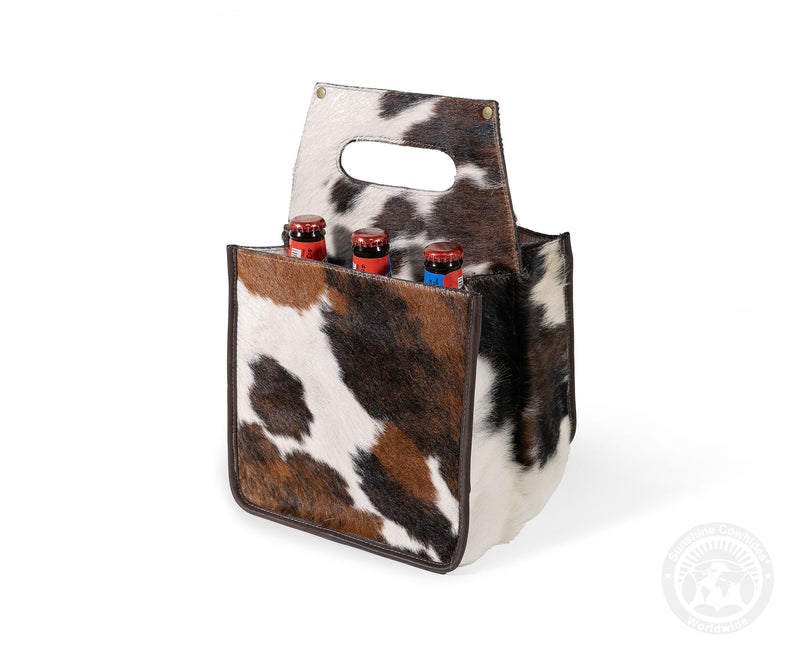 Tricolor Cowhide 6-Pack Beer Carrier | Rustic Western Leather Bottle Holder